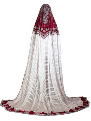 Off White And Maroon Color Embroidered & Handmade Moroccan Wedding Long Sleeve Dress Kaftan Vail