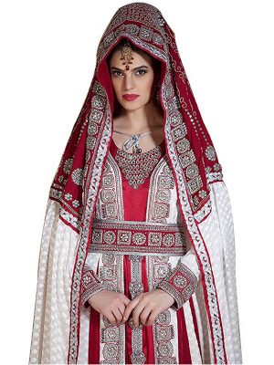 Off White And Maroon Color Embroidered & Handmade Moroccan Wedding Long Sleeve Dress Kaftan Vail