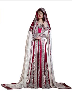 Off White And Maroon Color Embroidered & Handmade Moroccan Wedding Long Sleeve Dress Kaftan Vail