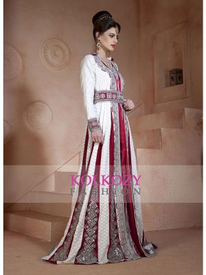Off White And Maroon Color Embroidered & Handmade Moroccan Wedding Long Sleeve Dress Kaftan