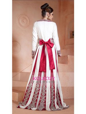 Off White And Maroon Color Embroidered & Handmade Moroccan Wedding Long Sleeve Dress Kaftan