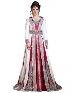 Off White And Maroon Color Embroidered & Handmade Moroccan Wedding Long Sleeve Dress Kaftan