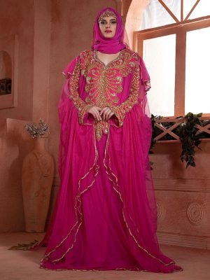 Pink Color Designer Hand Beaded Arabic Ladies Long Sleeve Moroccan Party Wedding Kaftan With Veil