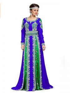 Contemporary Smart Blue & Green Moroccan Elegant Kaftan