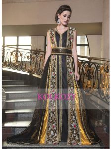 Arabic Evening Dress With Net Brasso And Lace Work Work Yellow And Black Color Kaftan