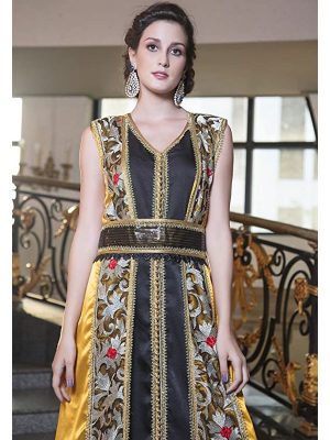 Yellow And Black Color Kaftan Arabic Evening Dress With Lace Work Work