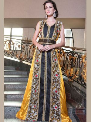 Yellow And Black Color Kaftan Arabic Evening Dress With Lace Work Work