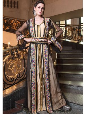 Moroccan Kaftan Embroidery Work Biscuit And Black Net Embroidery Work Partywear Jacket Style