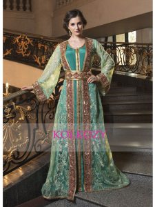 Moroccan Style Party Wear Kaftan Sea Green Color Designer Rasal Fabric Hand Beaded Dress