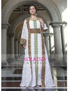 Arabic Style With Embroidery Work And Machine Work Kaftan White Color Net Brasso