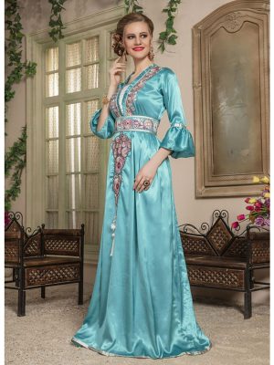 Woman Sea Green Machine Work Moroccan Kaftan