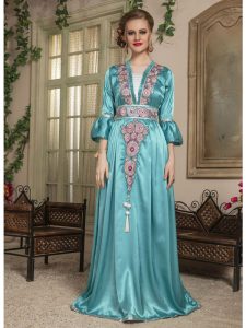 Woman Sea Green Machine Work Moroccan Kaftan