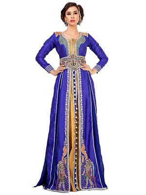 Effective Blue & Gold Color Jacket Style Moroccan Embroidered Wedding Kaftan