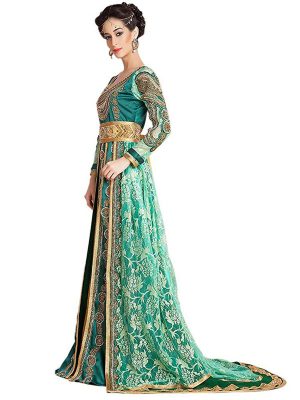 Scintillating Green Hand Beaded Arabian Design Kaftan