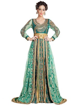 Scintillating Green Hand Beaded Arabian Design Kaftan