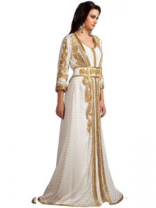Gleaming Off White Party Wear Handmade Moroccan Style Kaftan