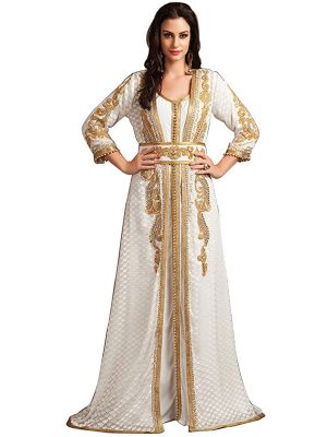 Gleaming Off White Party Wear Handmade Moroccan Style Kaftan