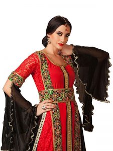 Red And Black Color Moroccan Style Embroidery Kaftan