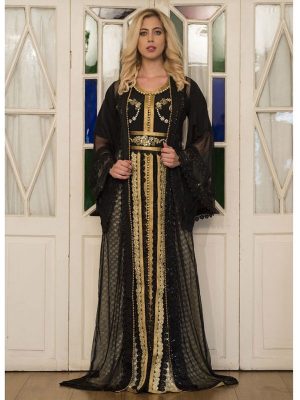 Black And Beige Partywear Jacket Style Moroccan Dress