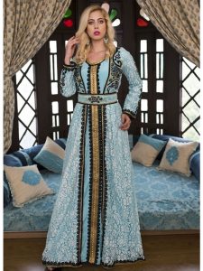 Aqua Blue Moroccan Wedding Kaftan With Thread Work