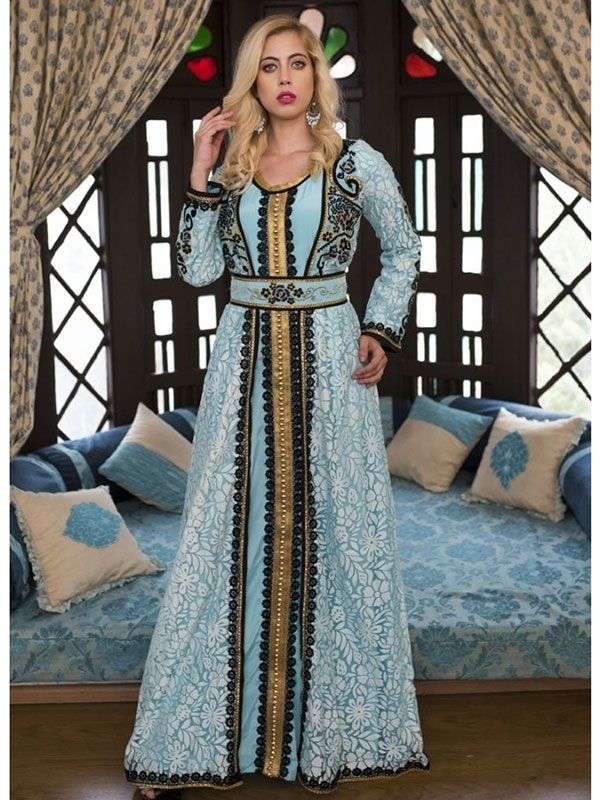 Aqua Blue Moroccan Wedding Kaftan With Thread Work - Zakarto
