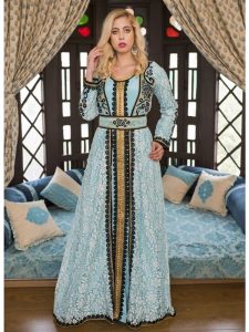 Aqua Blue Moroccan Wedding Kaftan With Thread Work