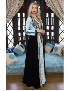 Aqua Blue And Black Moroccan Wedding Kaftan With Thread Work