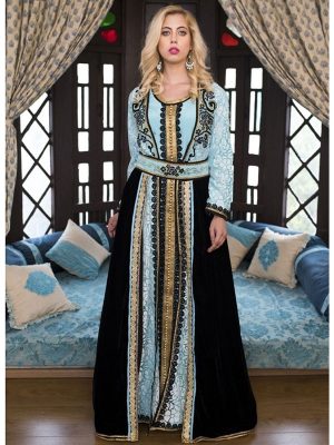 Aqua Blue And Black Moroccan Wedding Kaftan With Thread Work