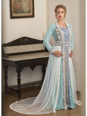 Mint Green And Blue & White Arabic Evening Dress