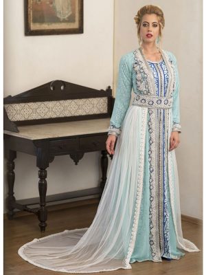 Mint Green And Blue & White Arabic Evening Dress