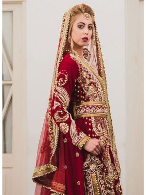 Maroon Moroccan Style Long Sleeve Wedding Kaftan With Trail