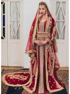 Maroon Moroccan Style Long Sleeve Wedding Kaftan With Trail