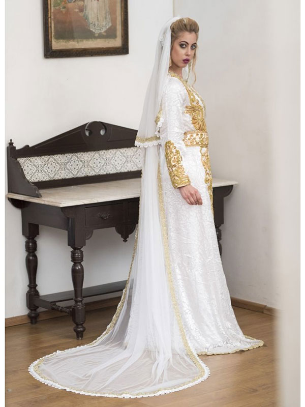 White Moroccan Style Wedding Kaftan With Vail - Zakarto