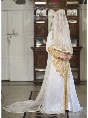 White Moroccan Style Wedding Kaftan With Vail