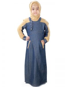 Beige And Blue Color Kid'S-Denim Kid'S Abaya