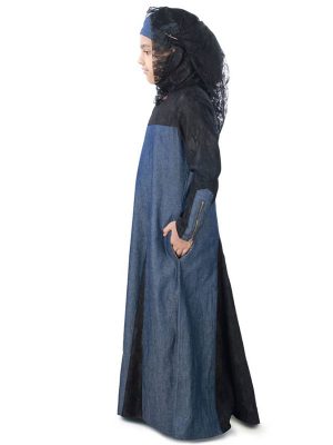 Blue And Black Color Kid'S-Denim Kid'S Abaya