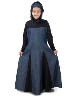 Blue And Black Color Kid'S-Denim Kid'S Abaya