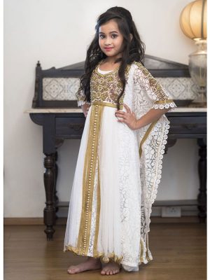 White Party Dress With Gold Handwork Girl Kaftan