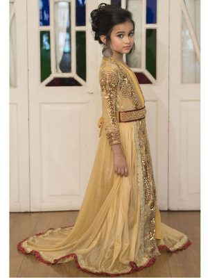Beige And Golden Yellow Moroccan Style Kids Caftan