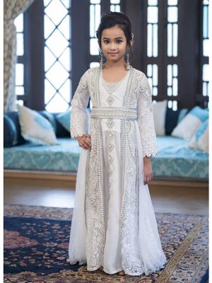 Designer Handmade White Arabic Moroccan Long Sleeve Caftan For Kids
