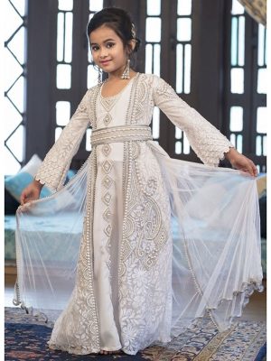 Designer Handmade White Arabic Moroccan Long Sleeve Caftan For Kids