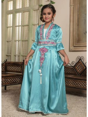 Kids Green And White Color Moroccan Kaftan