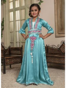 Kids Green And White Color Moroccan Kaftan