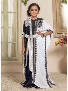 Kids White And Black Color Moroccan Kaftan