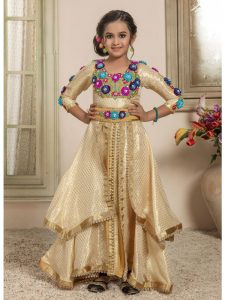 Kids Beige And Gold Color Moroccan Kaftan