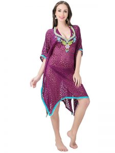 Violet Color Peral Work Bathing Suit Cover Ups Dress