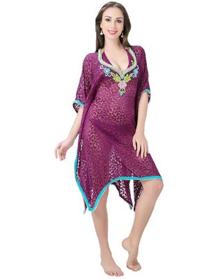 Violet Color Peral Work Bathing Suit Cover Ups Dress