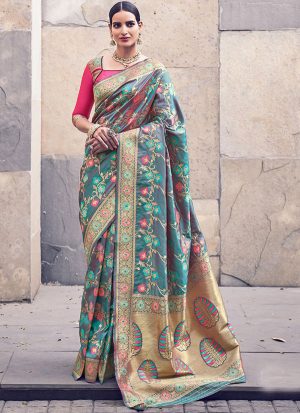 Teal Banarasi Wedding Wear Saree