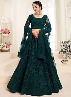 Dark Teal Designer Wedding Wear Embroidery Lehenga