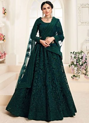 Dark Teal Designer Wedding Wear Embroidery Lehenga